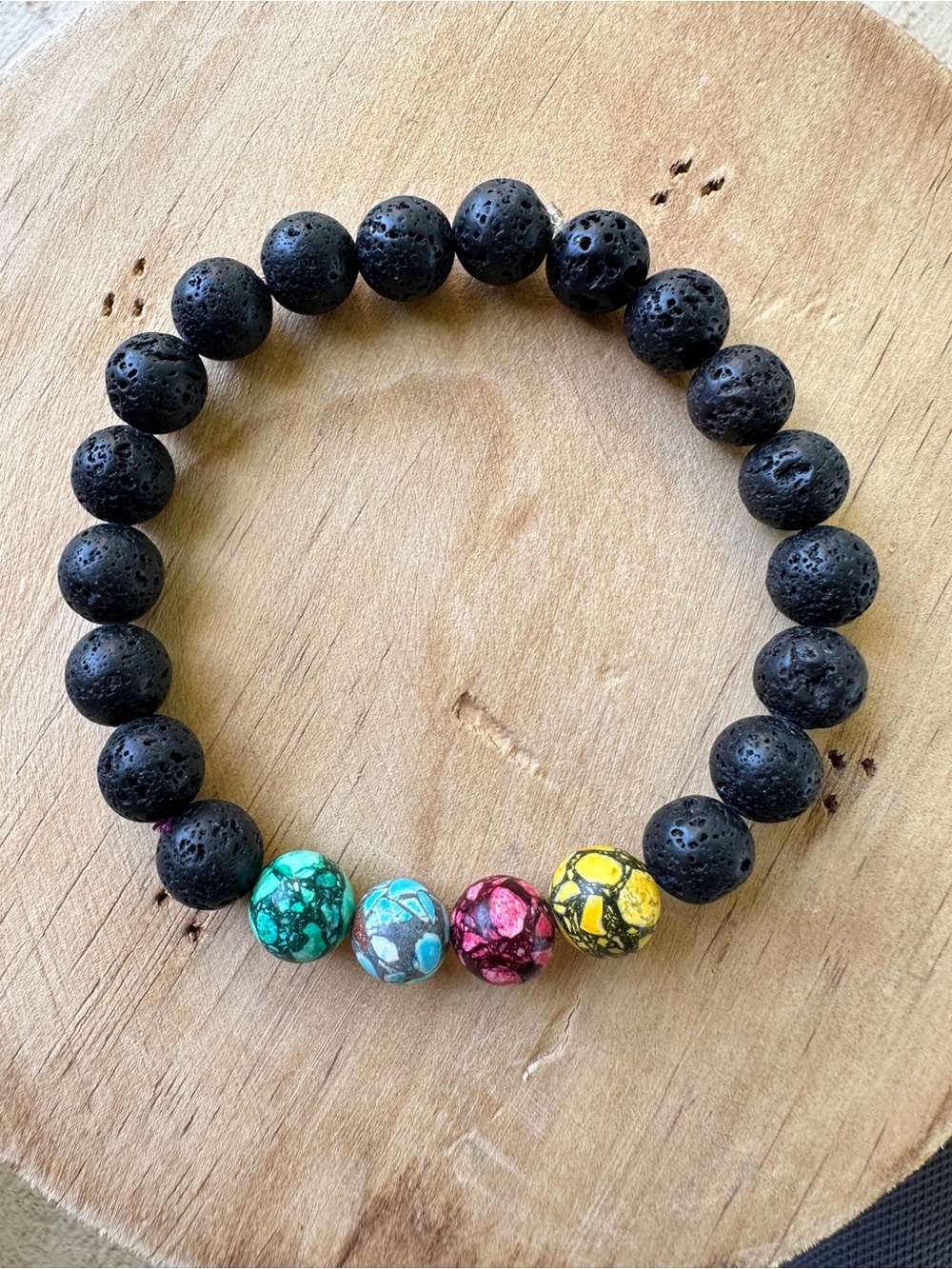 Black Lava Bead Bracelet with Multicolor Accent Stones